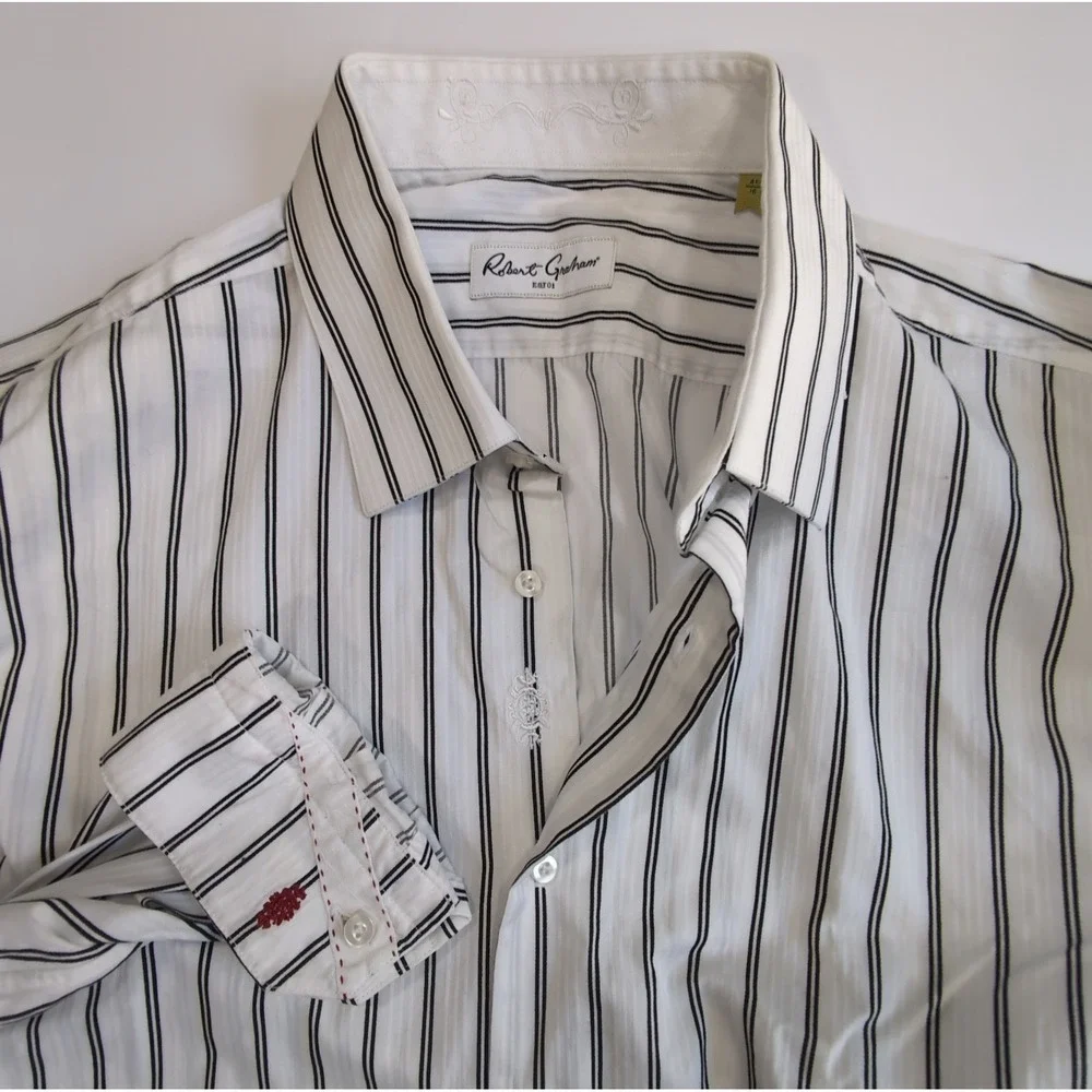Robert Graham Flip Cuff Long Sleeve Shirt Mens 2XL 18 46 White Black Stripe
